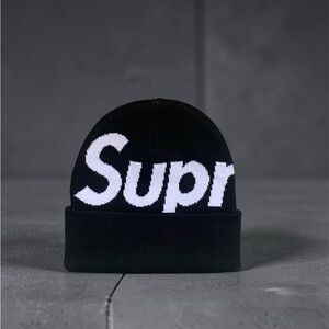 Supreme Black Beanie with White Oversized Logo